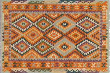 Flat Weave Kilim, Antique, Navaho, Vintage, Handmade, Geometric Kilim Rust Beige Hand-Woven Rectangle 100% Wool Area Rug 5 x 6